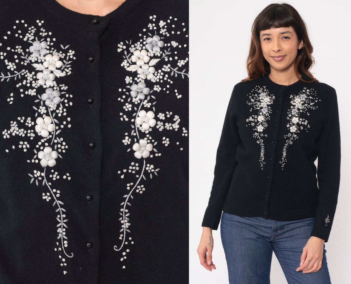 60s Black Cardigan Grey Floral Embroidered Button-Up Wool Blend Medium