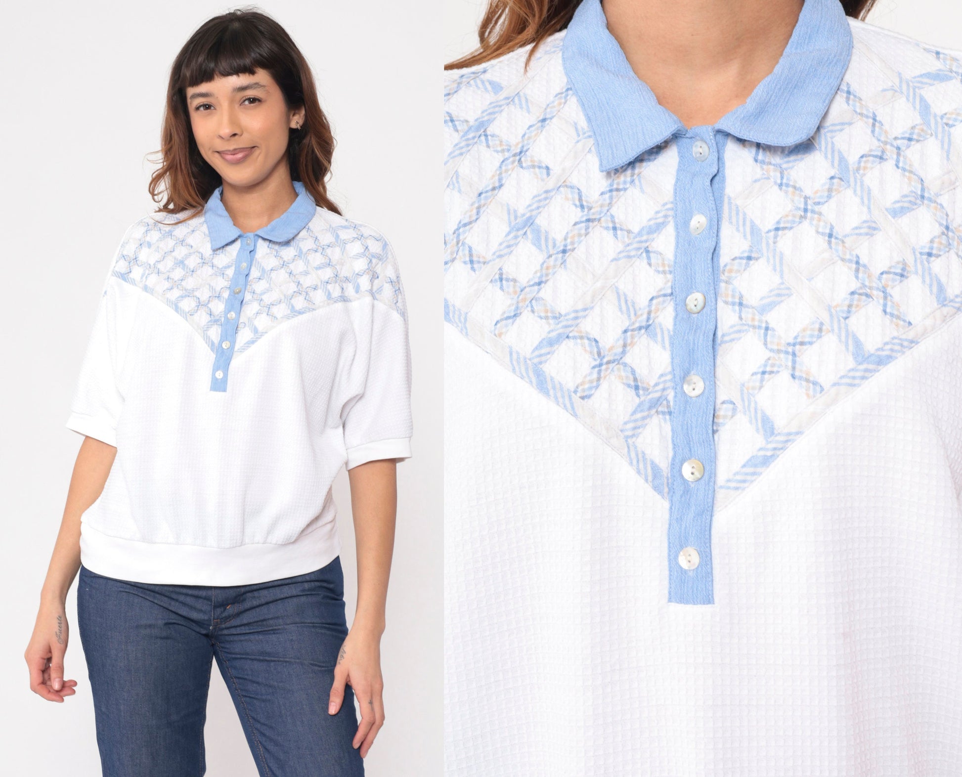90s Koret Polo Shirt White Lattice Waffle Knit Dolman Sleeve Large L