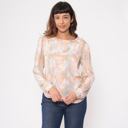 80s Kaki Roberts Peach Checkered Floral Puff Sleeve Blouse Small