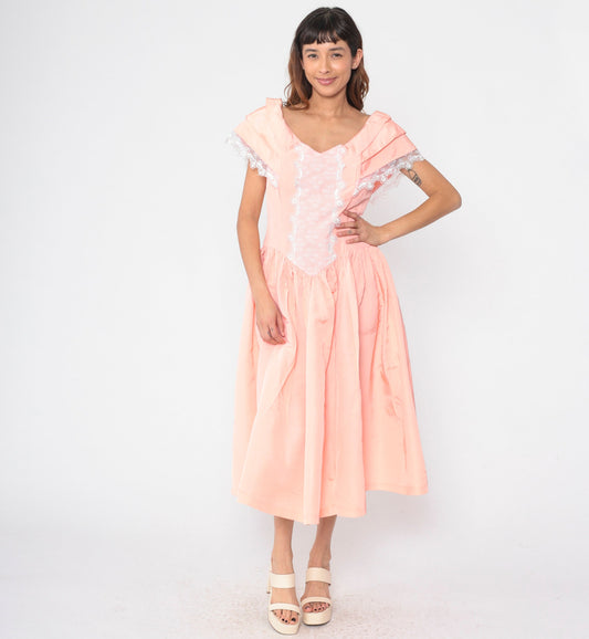 80s Peach Pink Taffeta Midi Dress Lace Trim Basque Waist Cap Sleeve Medium