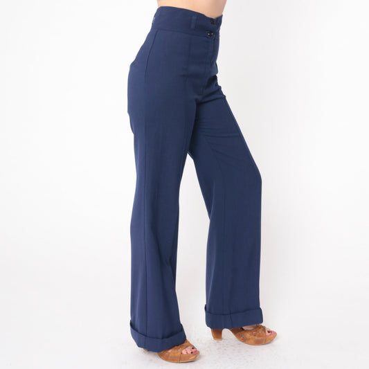 70s Navy Bell Bottom Trousers High Waist Cuffed Creased Slacks Small