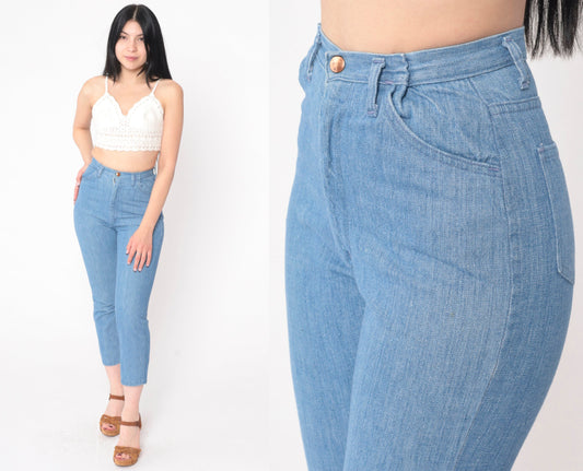 70s High Waist Skinny Jeans Blue Denim Cropped Ankle Tight Fit XXS