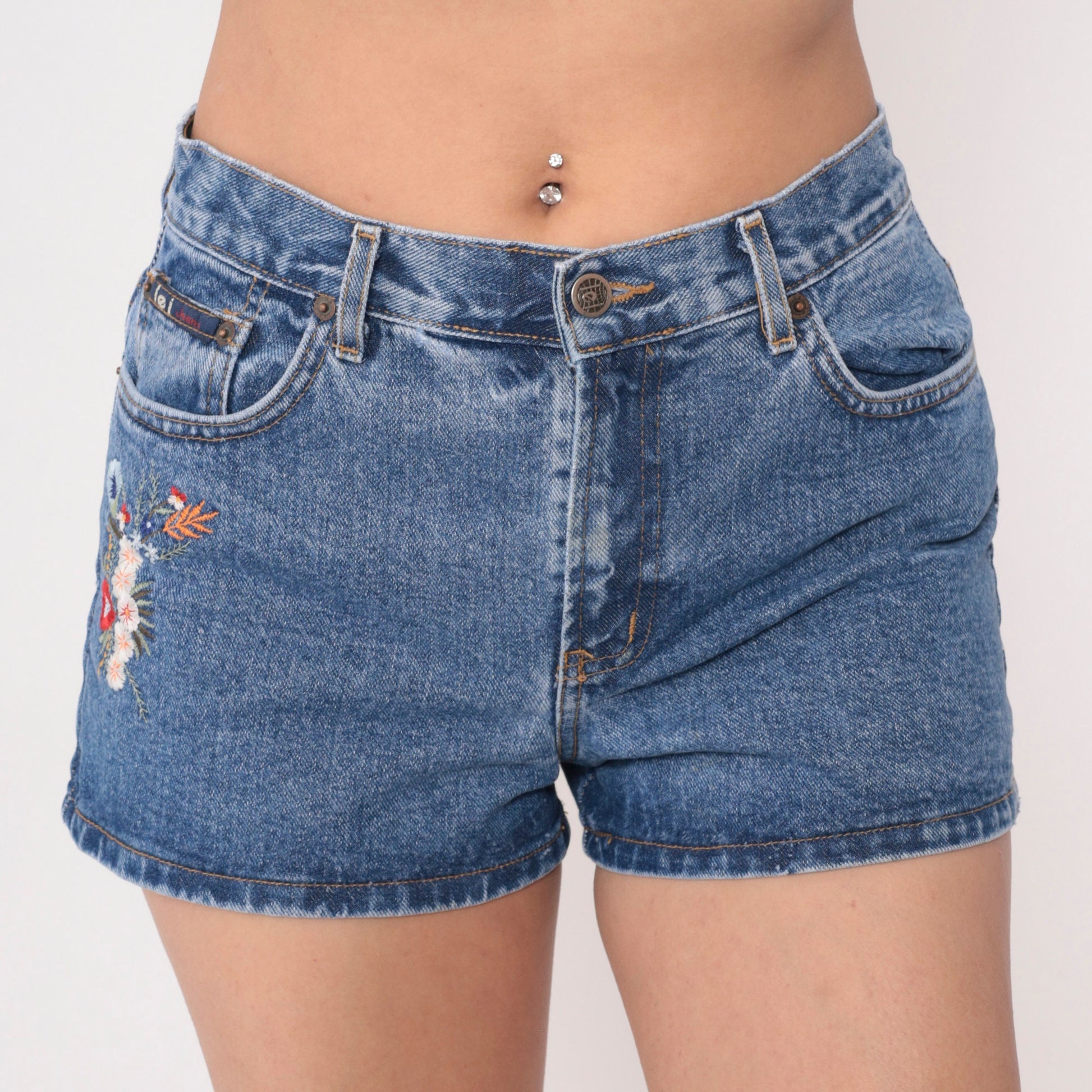 00s LEI Floral Embroidered Denim Shorts Blue Mid Rise Small S