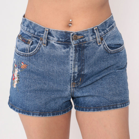 00s LEI Floral Embroidered Denim Shorts Blue Mid Rise Small S