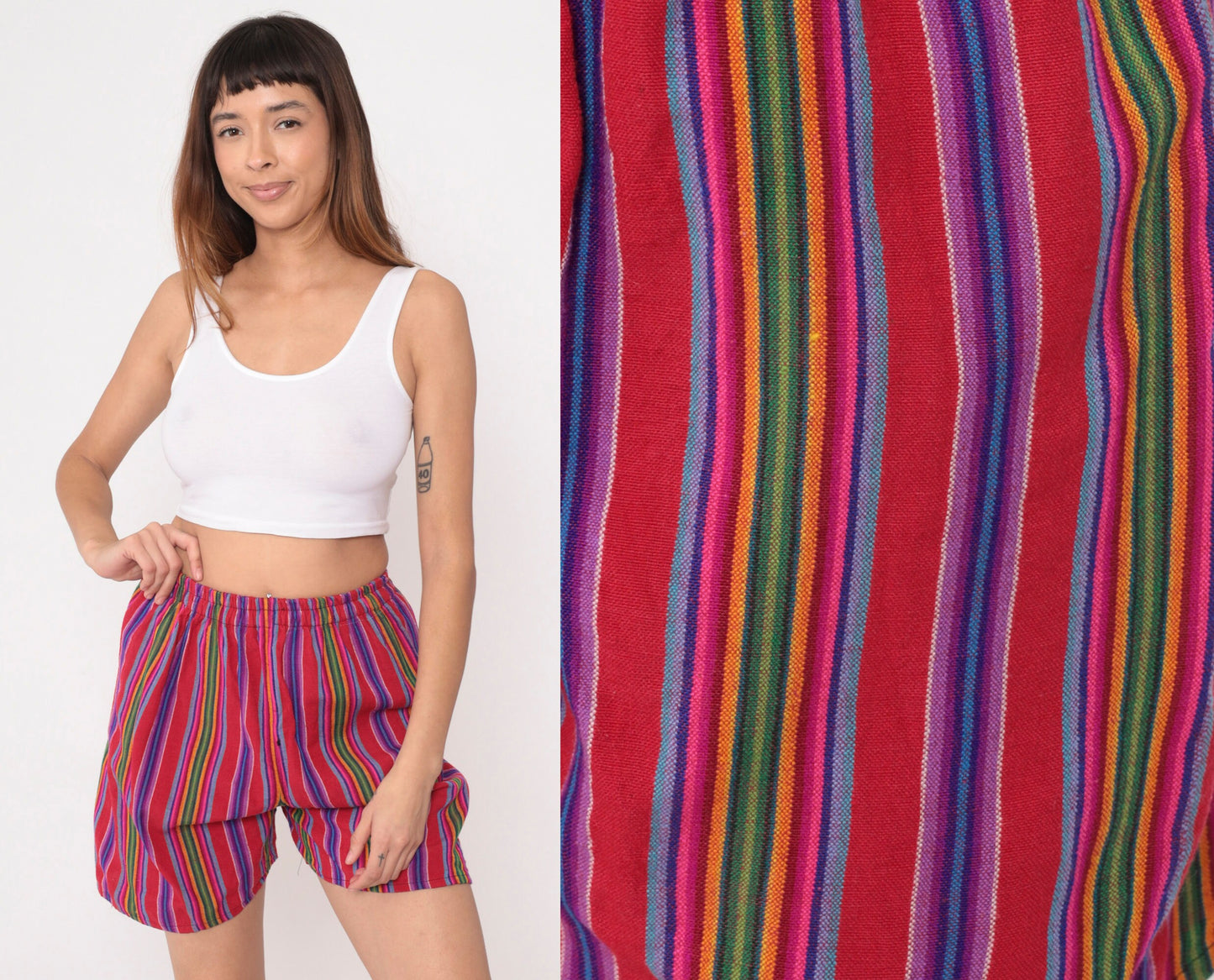 00s Striped Serape Shorts Red Rainbow Elastic Waist Small