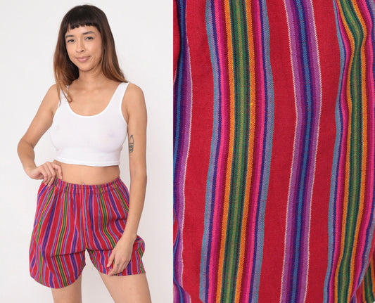 00s Striped Serape Shorts Red Rainbow Elastic Waist Small