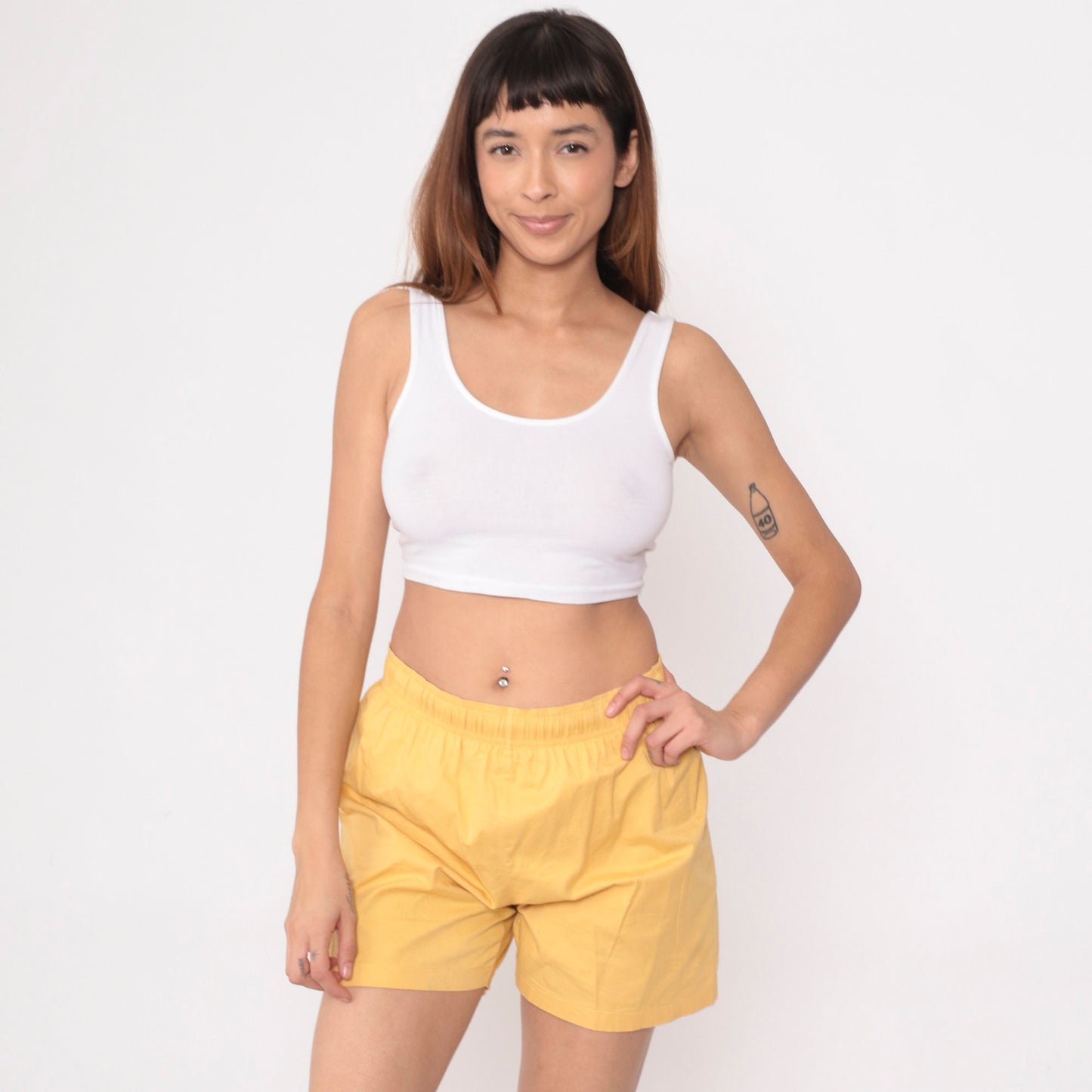 90s Yellow Cotton Swim Shorts Elastic Waist Vintage Small Medium