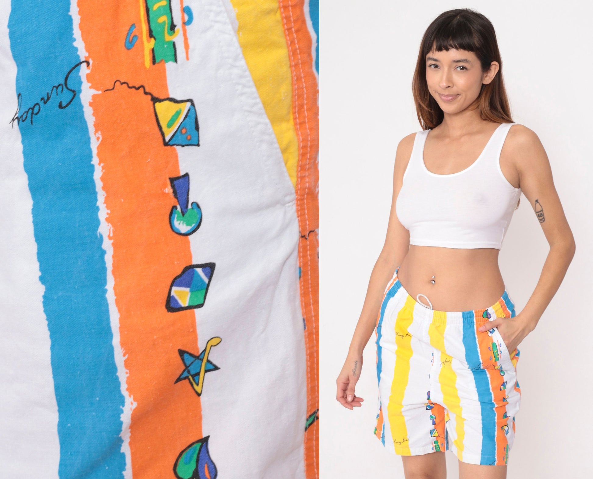90s Striped Shorts Kung Fu Musical Notes Palm Trees Blue Orange Medium