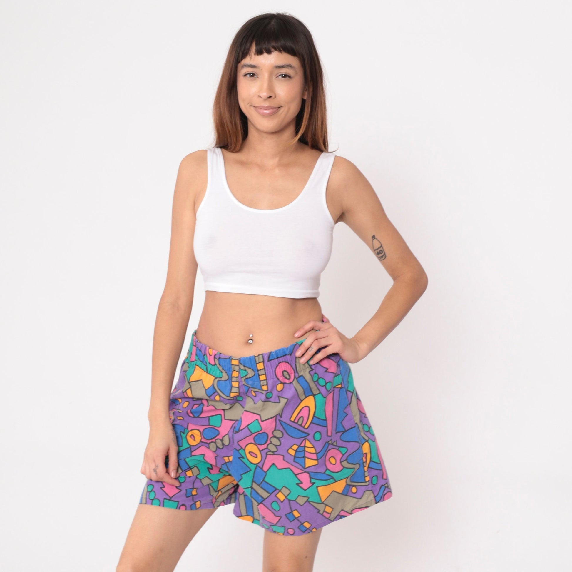 90s Babilonia Geometric Shorts Purple Blue Abstract Baggy High Waist Small