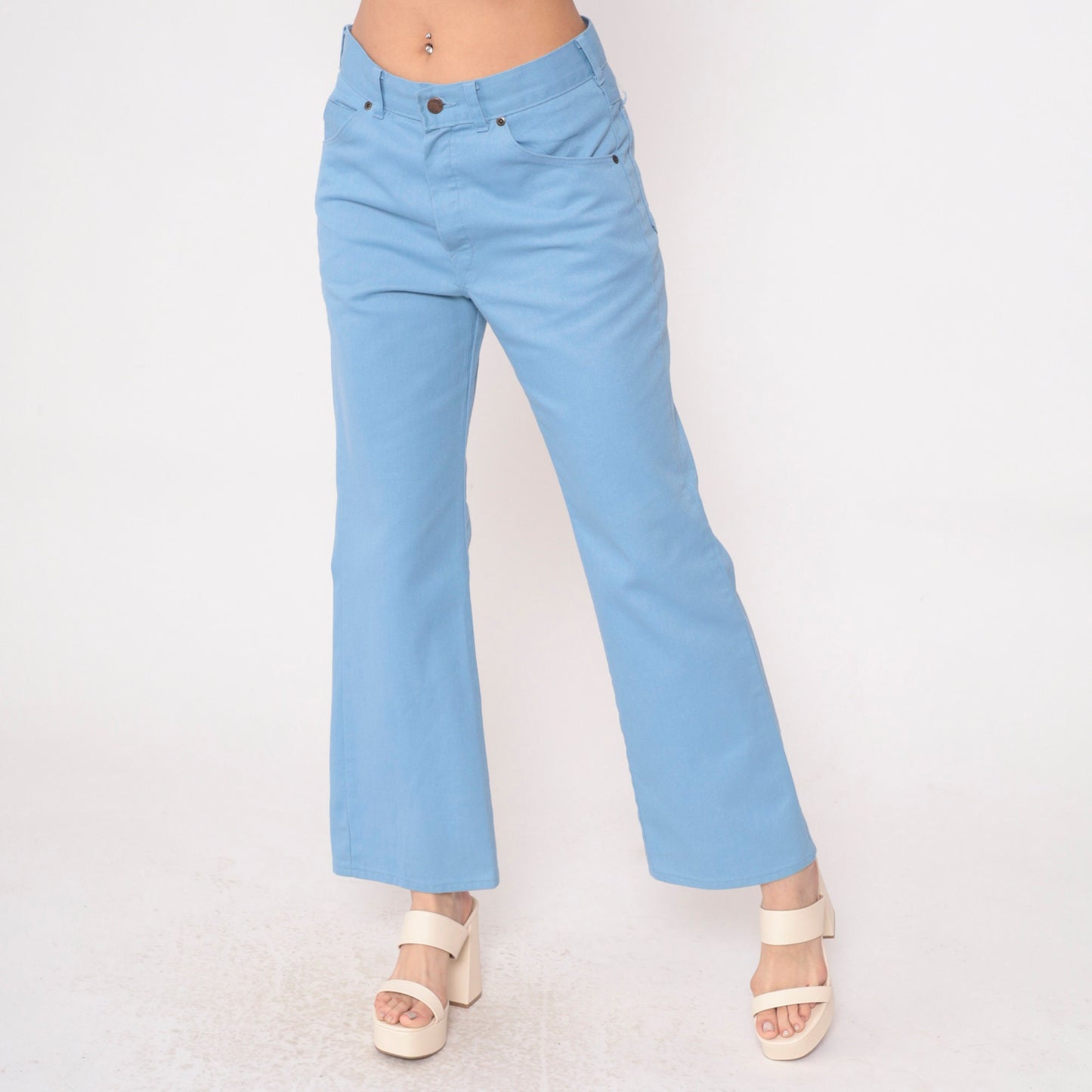 70s Big Yank Flared Trousers Baby Blue High Waist Bellbottoms Medium
