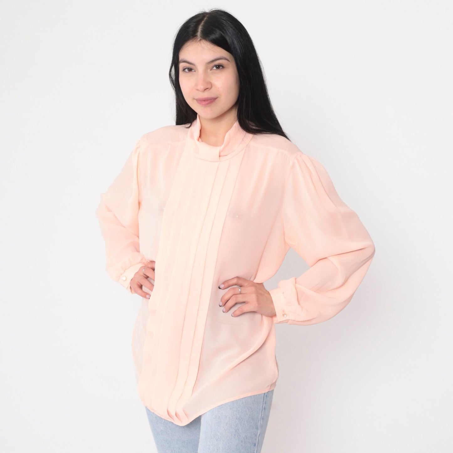 90s Pink Pleated Blouse Puff Sleeve Keyhole Back Semi-Sheer Large