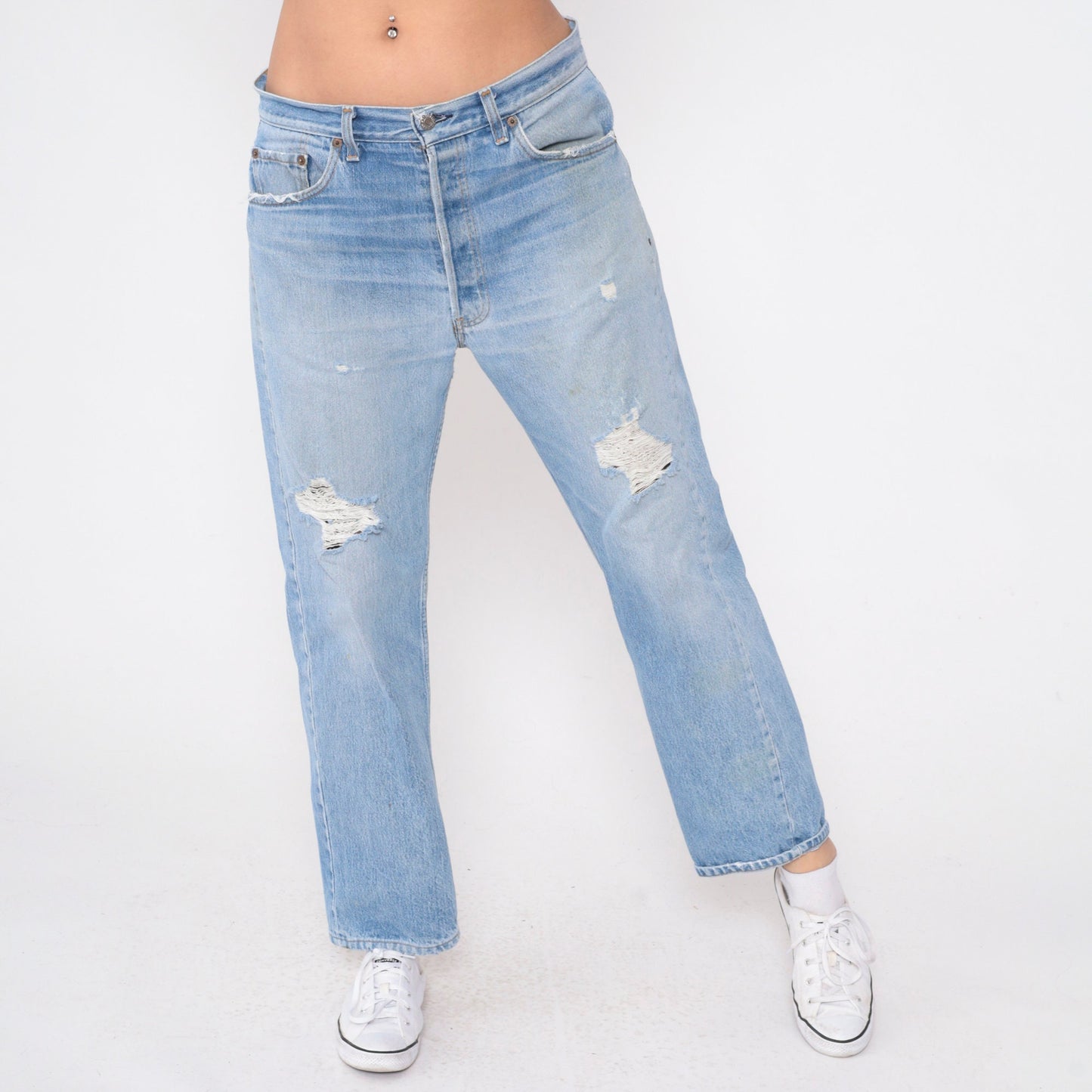90s Levis 501 Ripped Blue Denim Jeans Button Fly Relaxed Fit Large 36