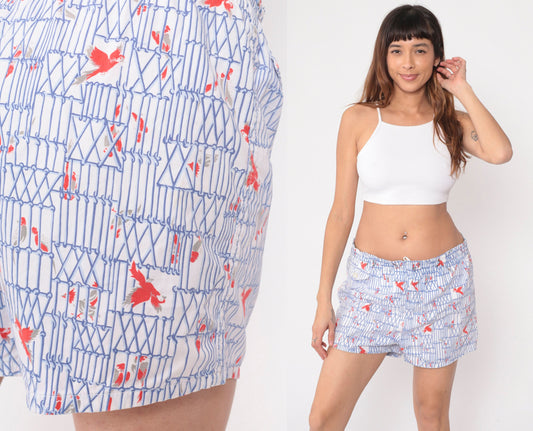 80s Bird Cage Parrot Swim Shorts White Blue Novelty Print Men's Medium