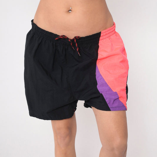 90s Speedo Swim Trunks Black Neon Colour Block Drawstring Men's Extra Large