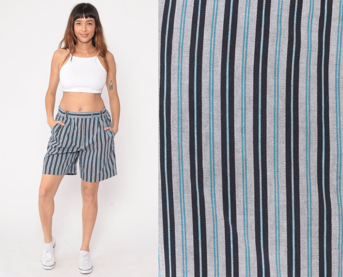 90s Head Sportswear Striped Shorts High Waist Pleated Blue White Black Medium