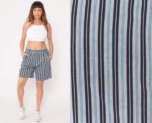 90s Head Sportswear Striped Shorts High Waist Pleated Blue White Black Medium