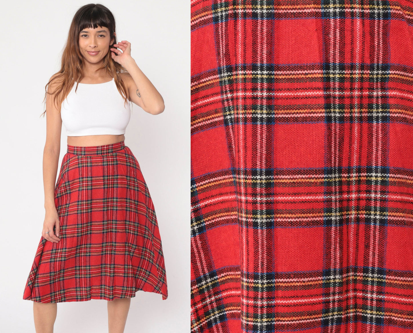 70s Red Plaid Midi Skirt High Waisted A-Line Tartan Small S