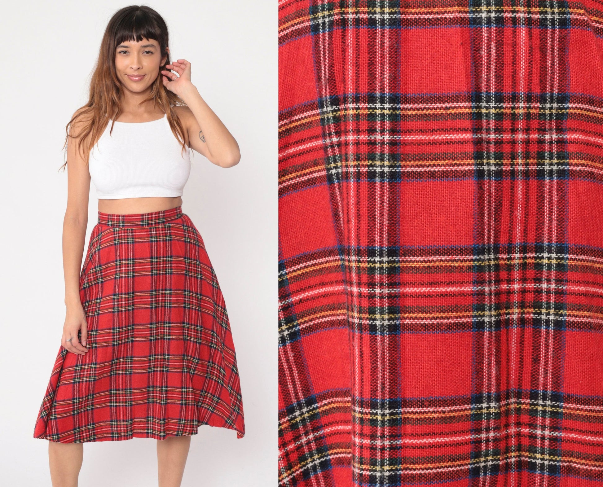70s Red Plaid Midi Skirt High Waisted A-Line Tartan Small S