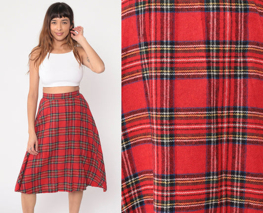 70s Red Plaid Midi Skirt High Waisted A-Line Tartan Small S
