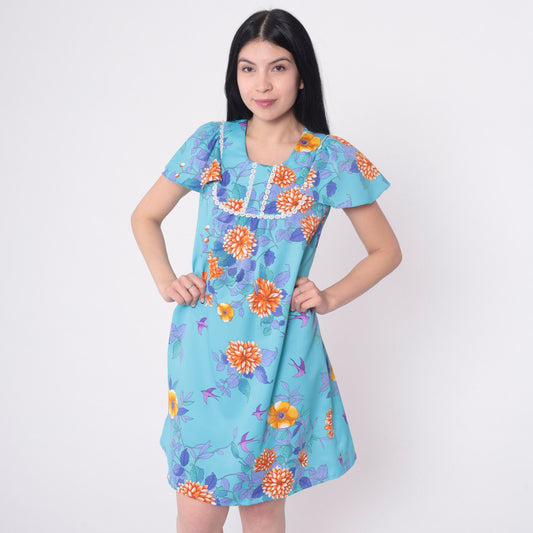 70s Blue Floral Mini Dress Tropical Print Flutter Sleeve Shift Small