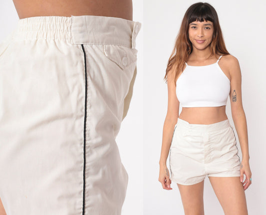 80s BVD Swim Shorts Ecru White High Waist Elastic Waistband Small