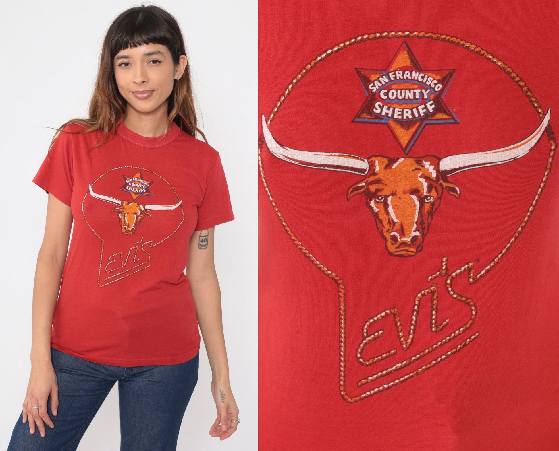 70s Levi's San Francisco County Sheriff Longhorn Graphic T-Shirt Red Extra Small