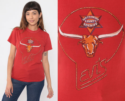 70s Levi's San Francisco County Sheriff Longhorn Graphic T-Shirt Red Extra Small