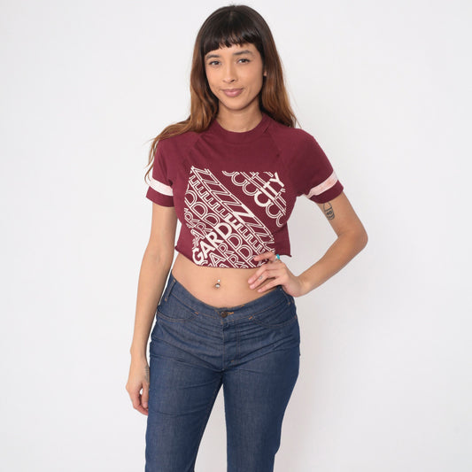 80s Champion Garden City Crop Top Burgundy Raglan Tee Extra Small