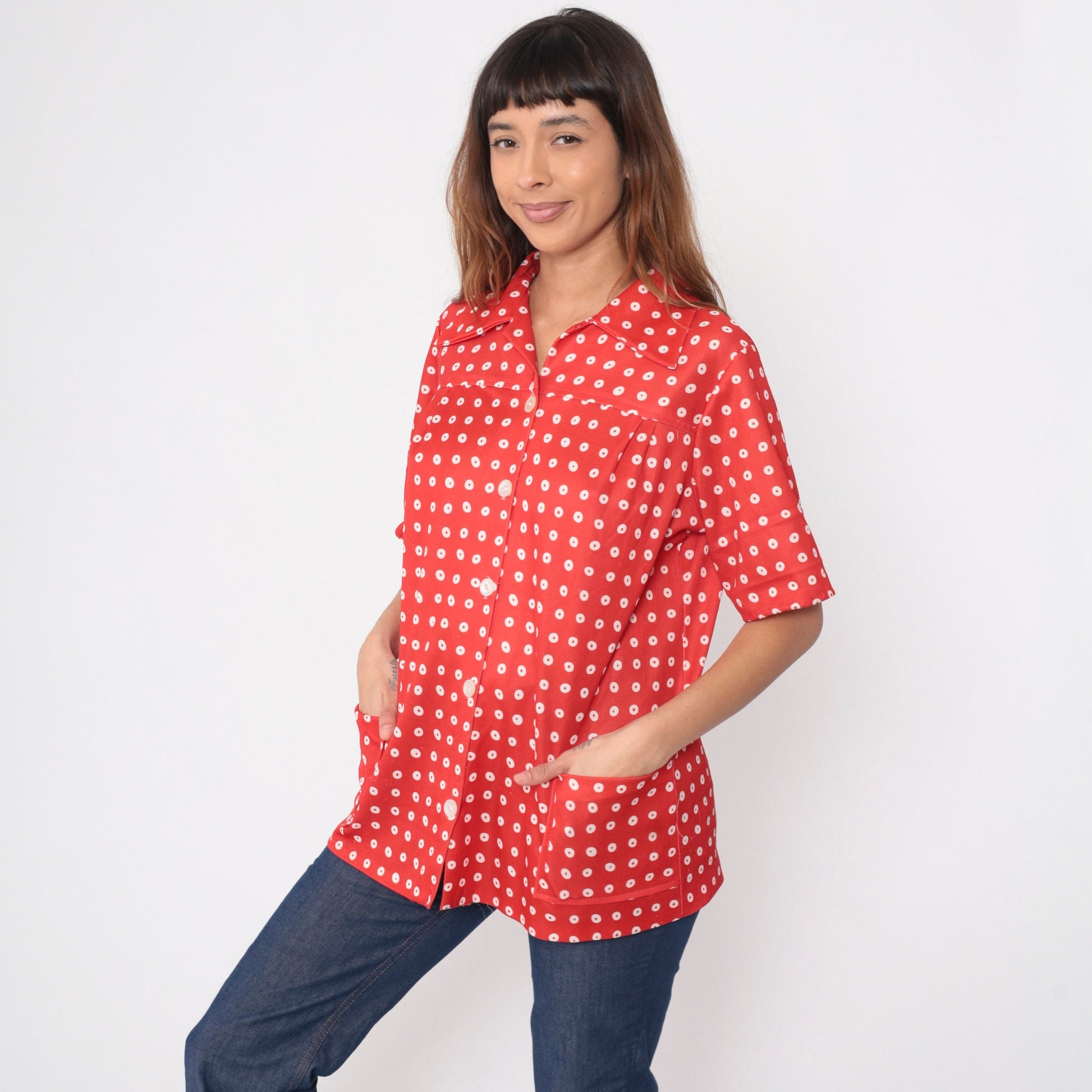 70s Red Polka Dot Button-Up Blouse Dagger Collar Yoke Pockets Large