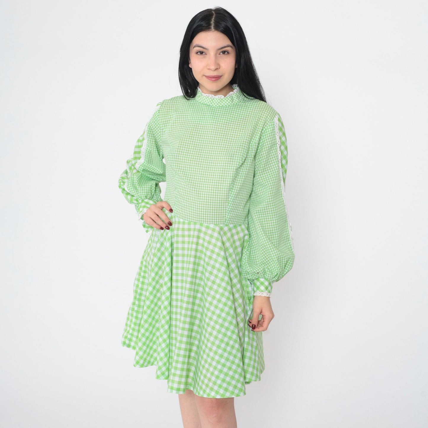 70s Green Gingham Mini Dress Mock Neck Balloon Sleeve Eyelet Lace Small