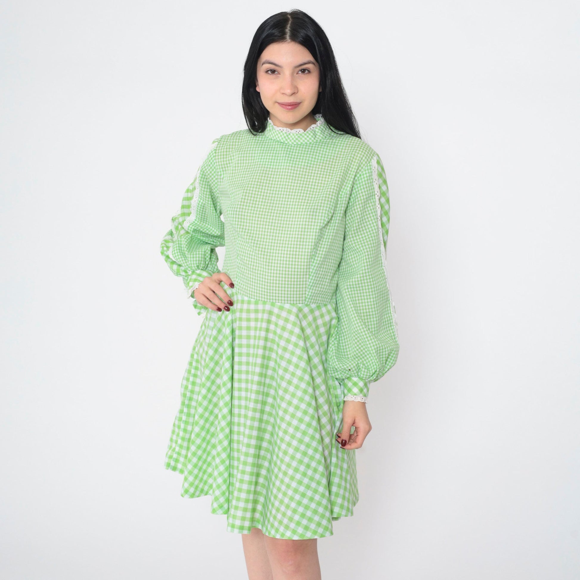 70s Green Gingham Mini Dress Mock Neck Balloon Sleeve Eyelet Lace Small