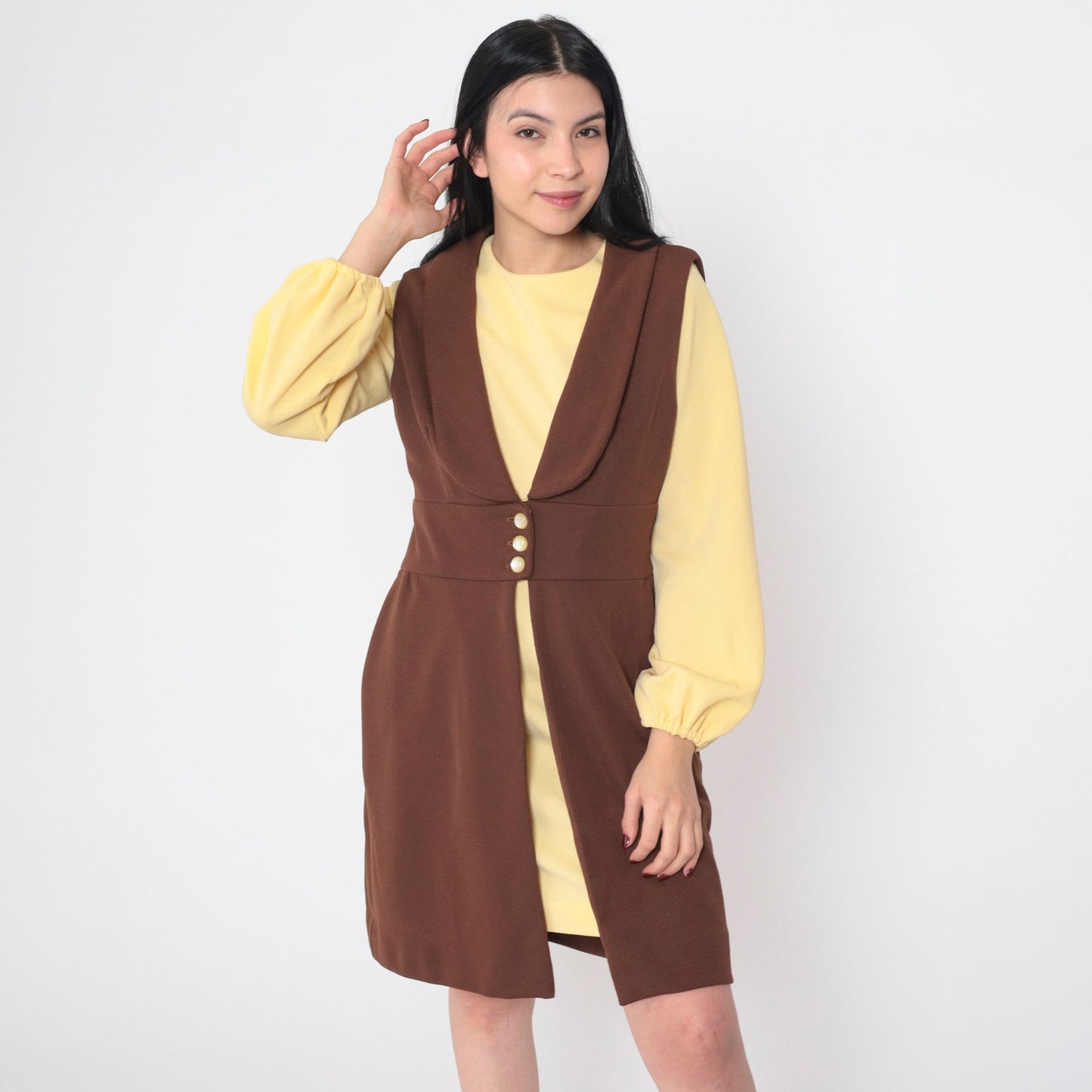 70s Mod Mini Dress and Vest Set Yellow Brown Shift Long Sleeve Medium