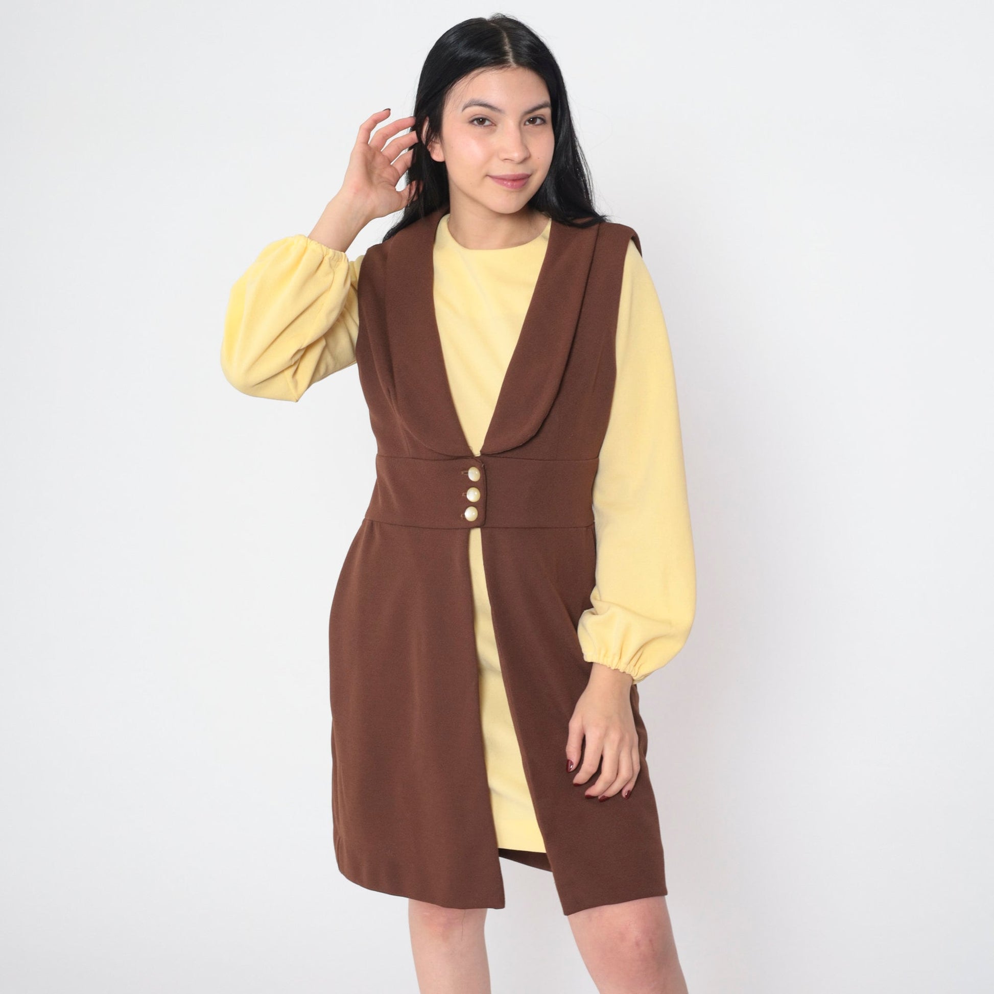 70s Mod Mini Dress and Vest Set Yellow Brown Shift Long Sleeve Medium