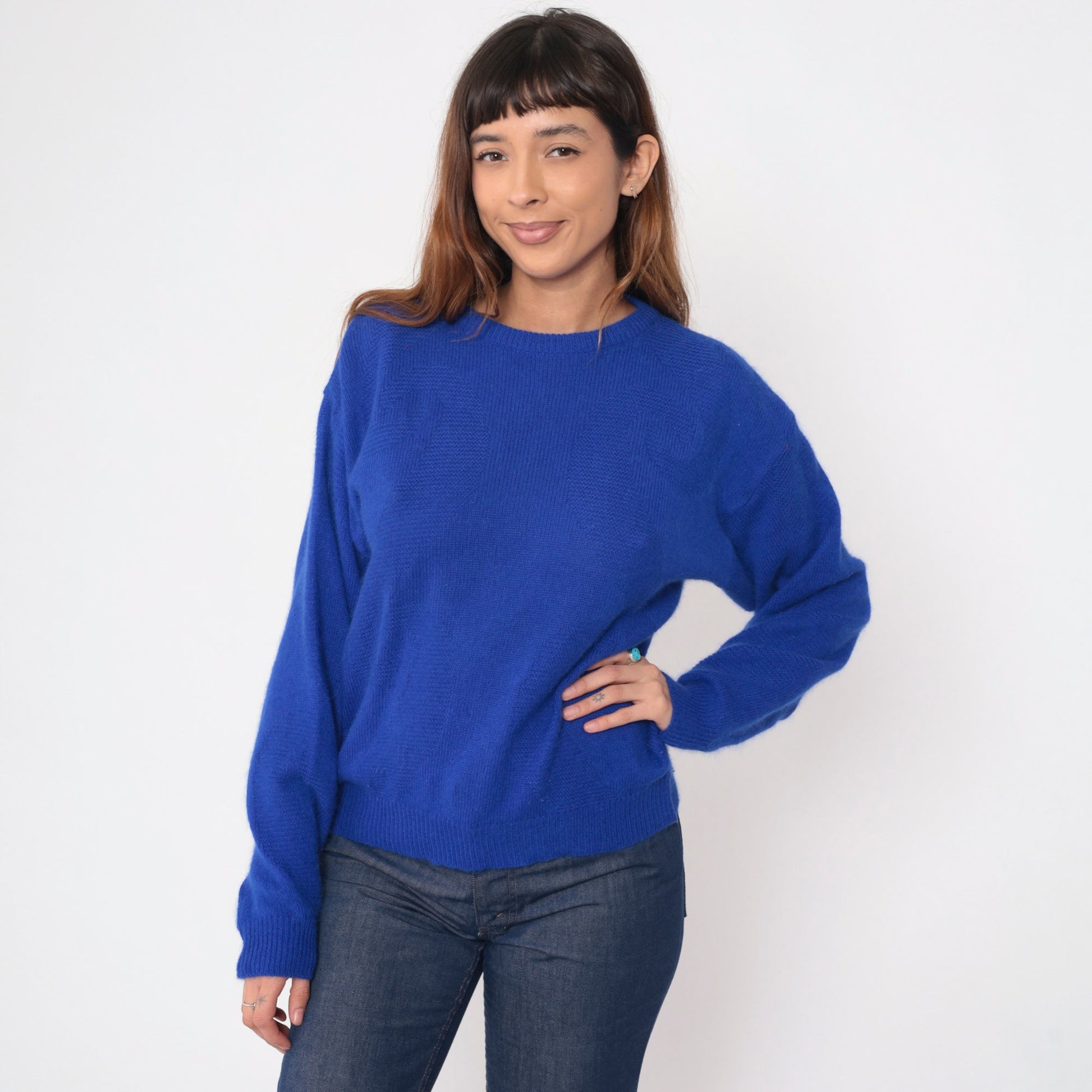 Pierre Cardin 90s Royal Blue Angora Wool Sweater Textured Crewneck Medium M