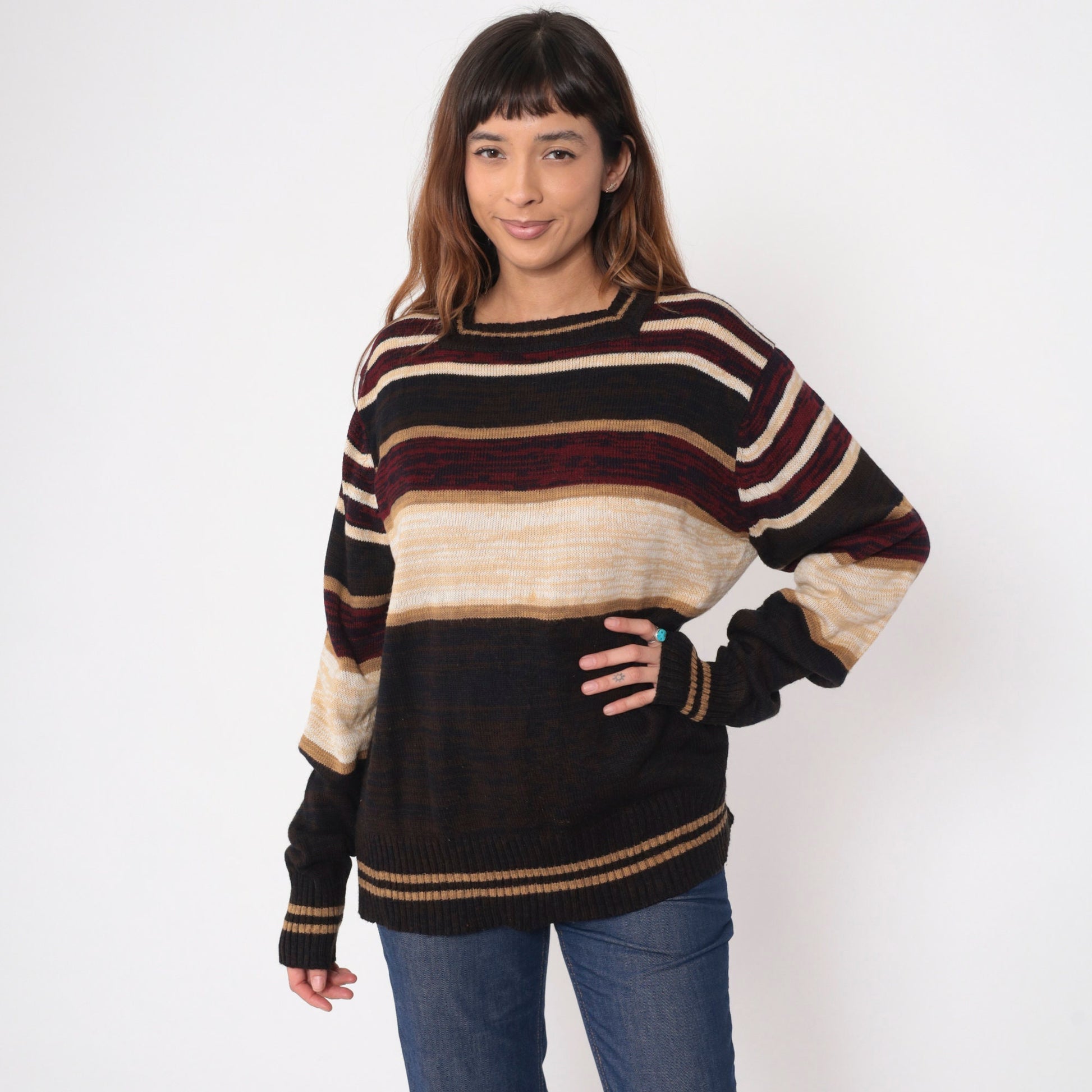 70s Sven Space Dye Striped Sweater Brown Burgundy Square Neck Knit Large L
