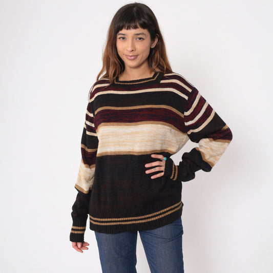 70s Sven Space Dye Striped Sweater Brown Burgundy Square Neck Knit Large L
