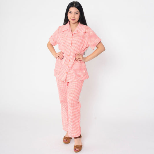 70s Pink Checkered Two Piece Set Button-Up Blouse Elastic Pants Large L
