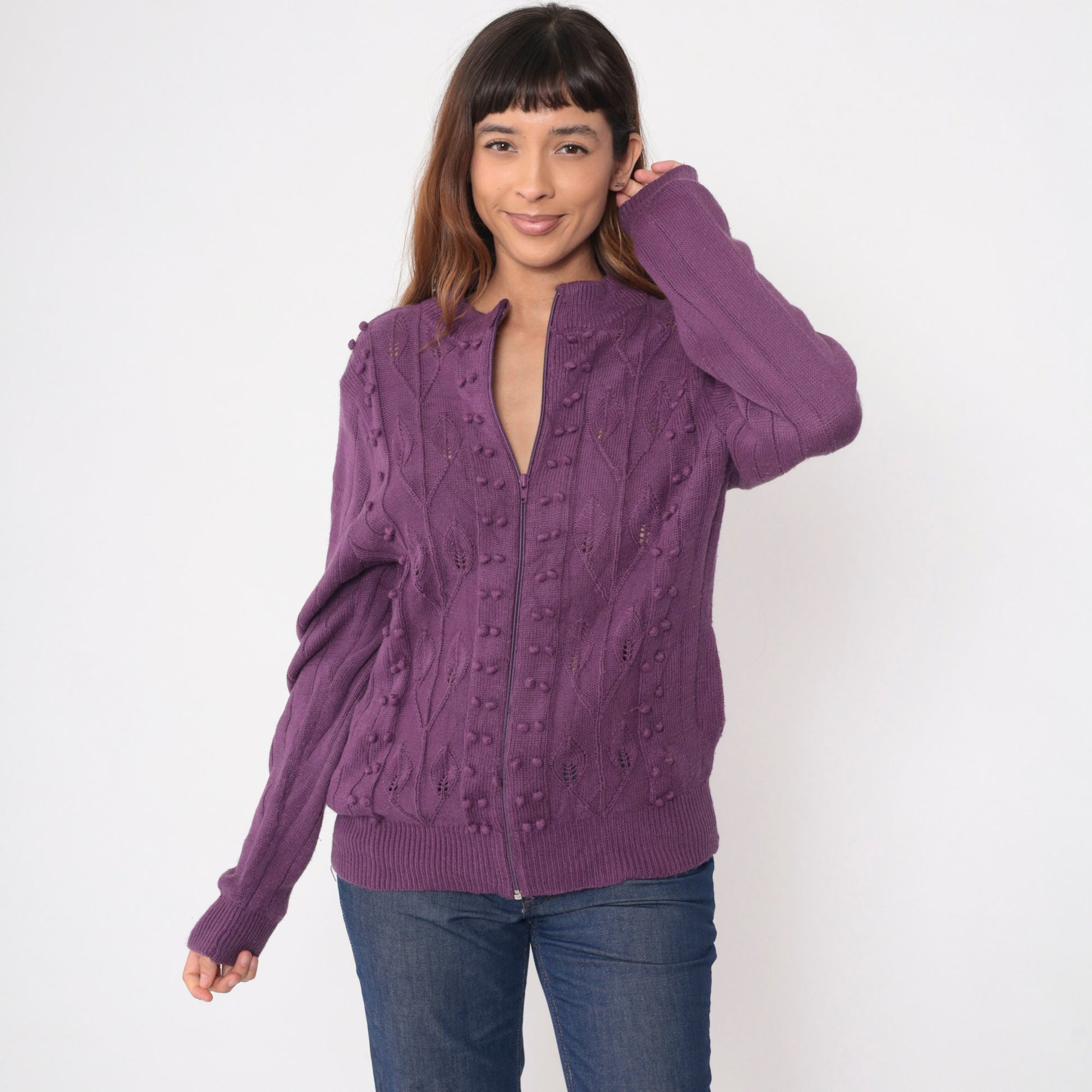 90s Purple Pointelle Cardigan Popcorn Knit Leaf Design Zip Up Sweater Medium