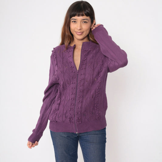 90s Purple Pointelle Cardigan Popcorn Knit Leaf Design Zip Up Sweater Medium