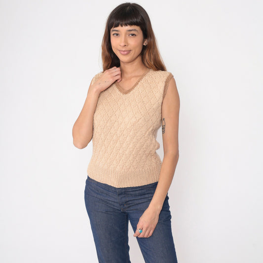 70s Tan Diamond Knit Sweater Vest V Neck Brown Trim Small