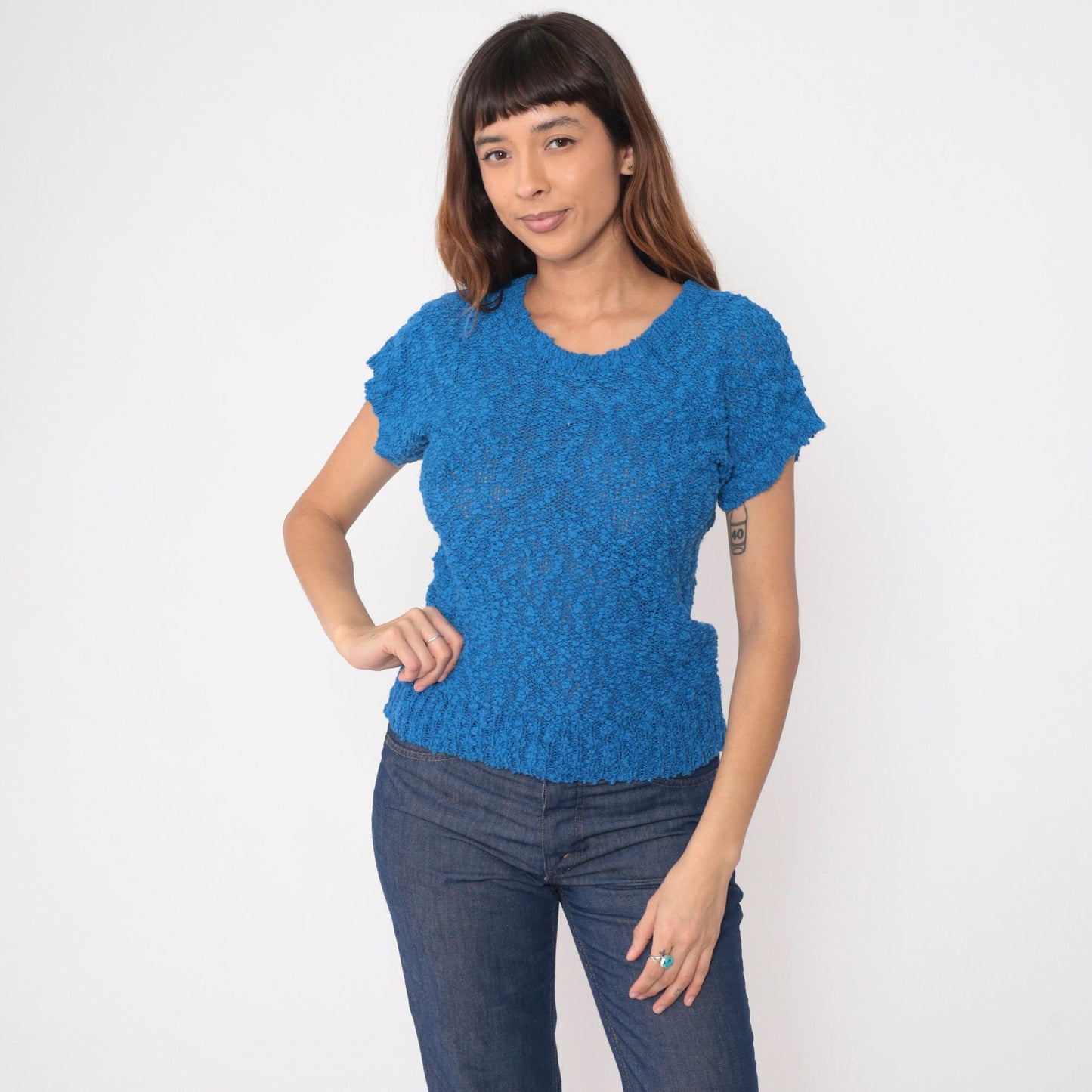 80s Blue Nubby Knit Sweater Top Short Sleeve V Neck Extra Small