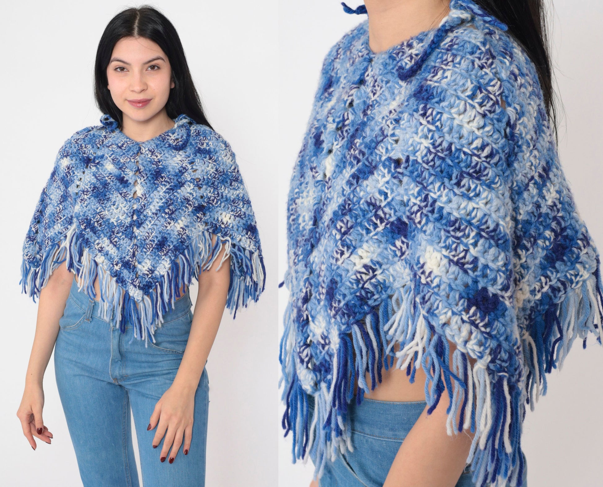 70s Blue White Knit Poncho Fringe Cutout Cropped Cape Extra Small XS