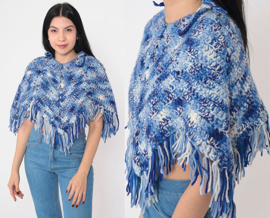 70s Blue White Knit Poncho Fringe Cutout Cropped Cape Extra Small XS