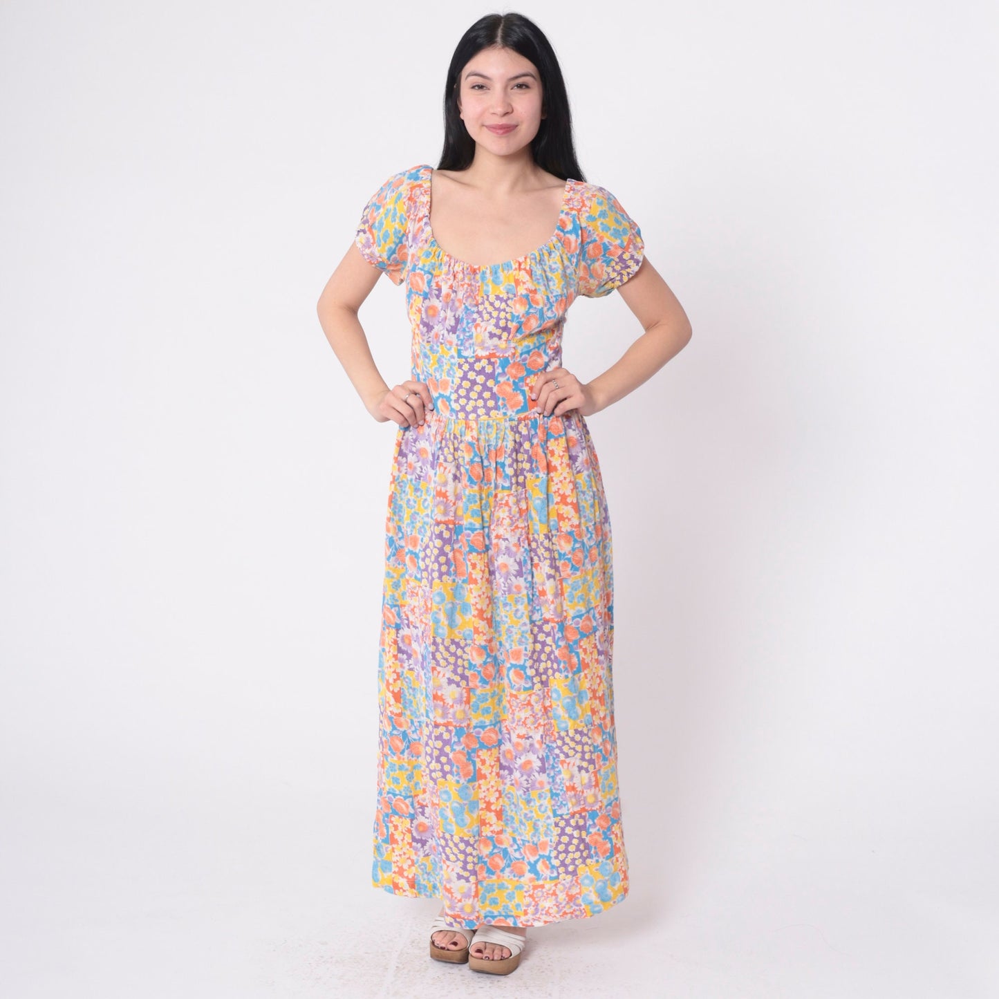 70s Patchwork Floral Off-Shoulder Maxi Dress Midriff Band Small