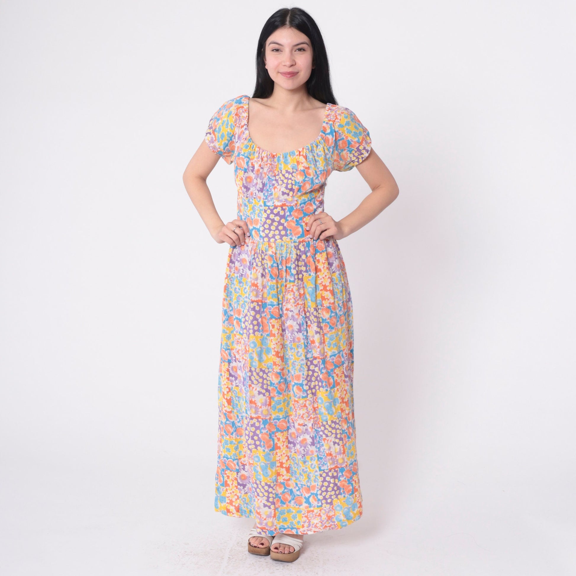 70s Patchwork Floral Off-Shoulder Maxi Dress Midriff Band Small