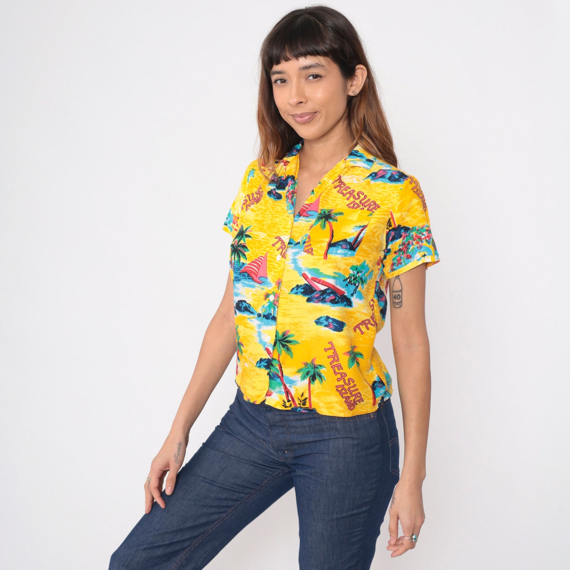 90s Sultra Tropical Shirt Yellow Palm Tree Sailboat Print Button Up Small