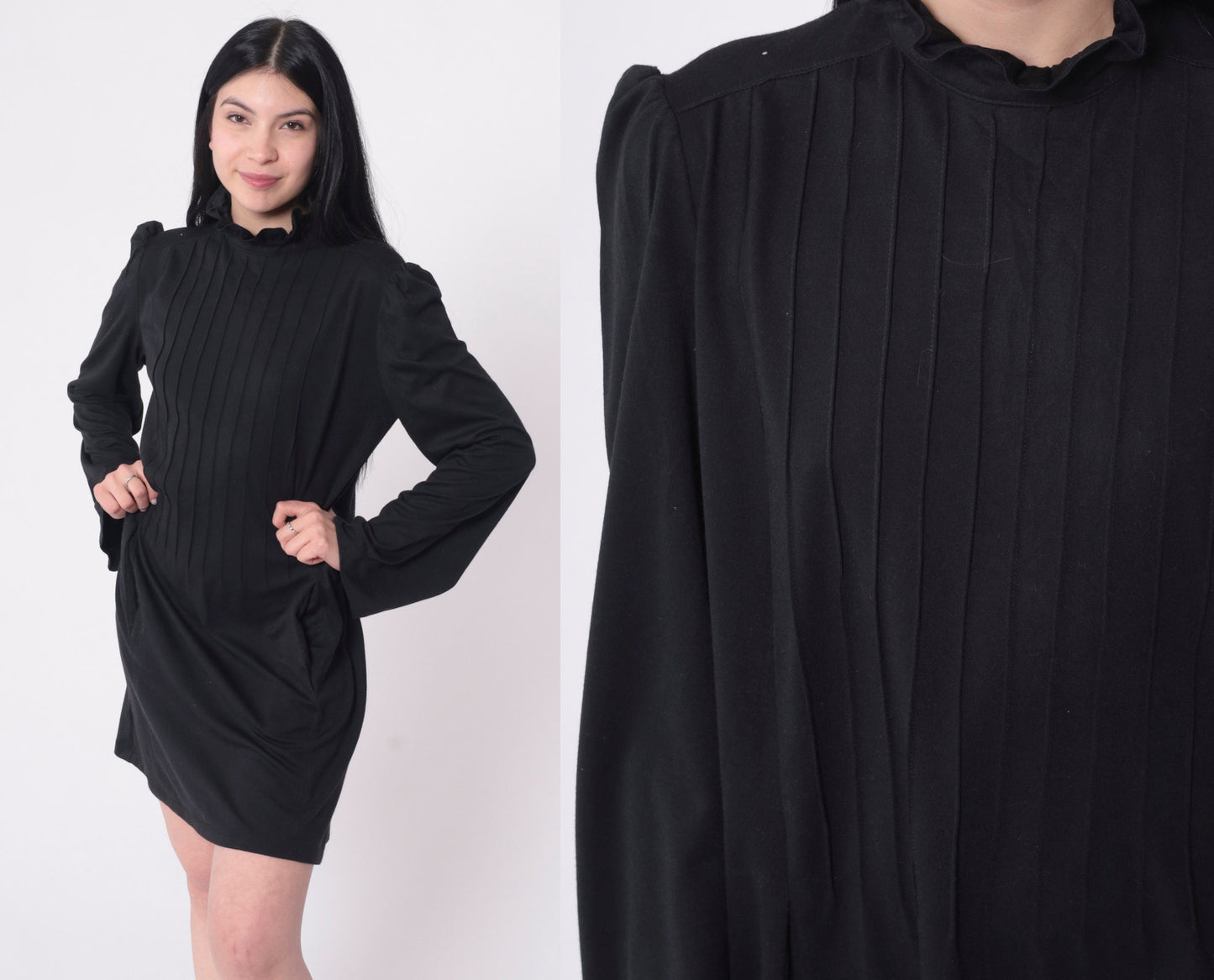 70s Black Shift Dress Ruffle Neck Pintuck Puff Sleeve Mini Medium Large