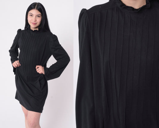 70s Black Shift Dress Ruffle Neck Pintuck Puff Sleeve Mini Medium Large