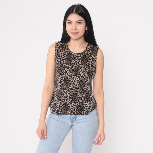 90s Leopard Print Tank Top Sleeveless Blouse Medium M