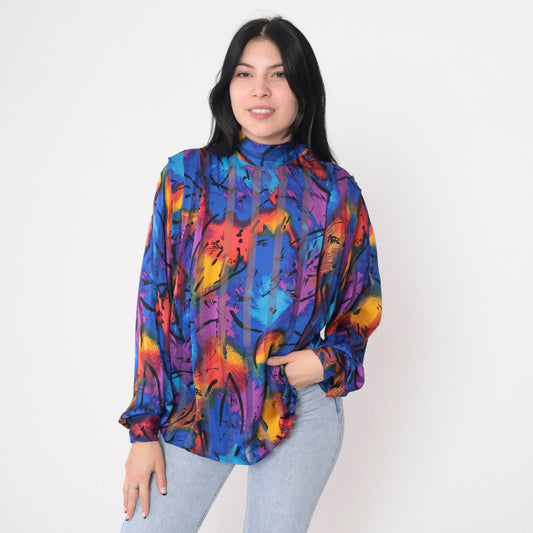 80s Abstract Print Mock Neck Blouse Button Shoulder Long Sleeve Small